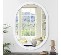 JJUUYOU Espejo de pared ovalado circular para baño, espejo de tocador blanco, marco de madera, espejo de maquillaje para entrada, sala de estar, dormitorio, decoración