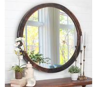 JJUUYOU Espejo de pared redondo circular para baño, espejos de tocador negro, marco de madera vintage, espejos de maquillaje rústicos pequeños para sala de estar, dormitorio, entrada y más