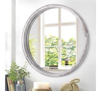 JJUUYOU Espejo de pared redondo de 40 cm, espejo de pared para baño, blanco rústico, espejo de granja para baño, marco de madera, para salón, dormitorio, habitación