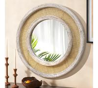 JJUUYOU - Espejo redondo con marco de madera para colgar en la pared, espejo circular montado de 50 CM estilo vintage para sala de estar, baño, dormitorio, entrada, color blanco envejecido