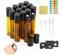 JJZGPP 14 Piezas Botellas Roll On Cristal, 10ml Marrón Botellas Rollon para Aceites Esenciales Rellenable Vidrio Botellas de Rodillos con Bola de Acero Inoxidable para Perfumes Aromaterapia Masajes