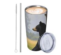 JKASDTRP Vaso de viaje de acero inoxidable de 20 onzas, taza de café de viaje a prueba de fugas con tapa y pajita, oso negro apoyado contra un árbol, vasos para bebidas, regalos para mujeres, hombres