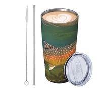 JKASDTRP Vaso de viaje de acero inoxidable de 590 ml, aislado, a prueba de fugas, taza de café de viaje con tapa y pajita, arroyo, trucha, pesca con mosca, vasos para bebidas, regalos para mujeres