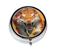 JKDGOJ Pastillero redondo con diseño de tigre feroz con 3 compartimentos para almacenamiento de pastillas y viajes portátiles