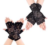 JKJF 2 pares de guantes de encaje sin dedos para mujer, guantes de encaje de medio dedo, elegantes guantes florales cortos, guantes de muñeca nupcial para boda, Halloween, Negro -, Talla única