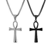 JKJF 2 Piezas Egipcio Ankh Cruz Colgante Collar de acero inoxidable Ankh Cadena Colgante Vintage Coptic Ankh Cruz Collar Religioso Gótico Hip Hop Punk Collar para Hombres y Niños - Plata Negro