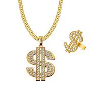JKJF Dollar Sign Necklace Rings Set Hip Hop Dollar Necklace Collar 80s 90s Rapper Gold Necklace for Men Women Mottoparty Carnival Party Cosplay Accessories - Open Ring