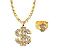 JKJF Dollar Zeichen Halskette Ring Set Hip Hop Dollar Halskette 80er 90er Rapper Goldkette für Männer Frauen Mottoparty Carnaval Party Cosplay Zubehör - Gold