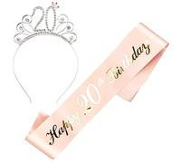 JKJF Happy 20 Cumpleaños Banda 20 Cumpleaños Tiara Cristal Rhinestone Corona Diadema para Mujer Cumpleaños Regalo Cumpleaños Decoración Fiesta Accesorios - Oro Rosa 2 Piezas, M, Metal