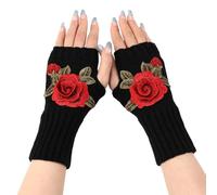jklymm Guantes de punto cálido sin dedos, diseño bordado corto para mujer, clima frío, actividades al aire libre, guantes suaves para piel sensible, e, Talla única