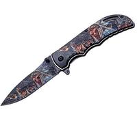 JKR -Navaja DEPORTIVA, Decorada con fotografías en 3D de Indio con Lobos, hoja de 9 cm. Plegable Cachas de Aluminio, Clip para colgar del cinturón