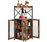 JKsmart Gabinete de barra esquinero con soporte de vidrio, gabinete industrial de vino con puerta de malla, gabinete de vino de 4 niveles con estante abierto, barra de casa de campo para