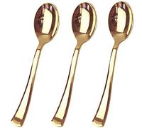 JL Prime Juego de 50 cucharas de plástico dorado a granel, reutilizables, utensilios resistentes para fiestas y bodas, cubiertos dorados, cucharas de plástico dorado, paquete de 50