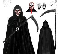 JLTXKST Disfraces Reaper de Halloween,Disfraz de parca,Disfra Muerte Adulto,con Capucha, Máscara de Calavera, Guantes, Guadaña,Capa de Muerte para Adultos para Carnaval Costume Cosplay
