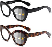 JM 2 Pack Fotocromáticas Gafas de Lectura para Mujer Ojo de Gato, Gafas de Lectura con Bloqueo a Luz Azul Bisagra de Resorte Negro & Tortuga +2.75