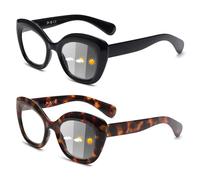 JM 2 Pack Fotocromáticas Gafas de Lectura para Mujer Ojo de Gato, Gafas de Lectura con Bloqueo a Luz Azul Bisagra de Resorte Negro & Tortuga +1.25