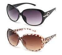 JM 2 Pack Gafas de Sol de Lectura Bifocales Redondas Clásicas para Mujer Gafas de Sol de Lector Vintage Protección UV Negro & Tortuga +1.5