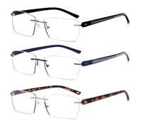 JM 3 Pack Gafas de Lectura Sin Montura para Hombre Bloqueo de Luz Azul, Rectángulo Lectores de Ordenador Ligeros Sin Montura +2.0