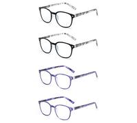 JM 4 Pack Gafas de Lectura Cuadrados, Cómodas Gafas Presbicia Para Mujer, Bisagra de Resorte 2x Gris + 2x Azul +1.75