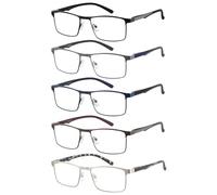 JM 5 Pack Gafas de Lectura Hombre, Rectangulares Gafas Presbicia Luz Azul, Metal Acero Inoxidable Bisagra de Primavera 2.5