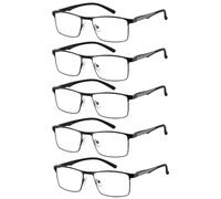 JM 5 Pack Gafas de Lectura Hombre, Rectangulares Gafas Presbicia Luz Azul, Metal Acero Inoxidable Bisagra de Primavera Negro 2.0