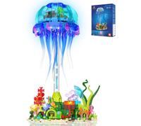 JMBricklayer Juguete de construcción de medusas con tentáculos giratorios y luz, 70010, diseño de animales marinos, bloques de sujeción con soporte, decoración creativa para el hogar y la oficina