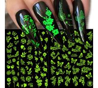 JMEOWIO Pegatinas Para Uñas Primavera Flor Mariposa Luminoso, 9 Hojas 3D Adhesivas Nail Art Stickers Decoración Manicura