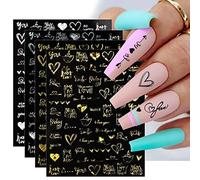 JMEOWIO Valentine's Day Pegatinas Uñas Decals, 6 Sheets 3D Self Adhesive Nail Decals Gold Black Love Heart DIY Design Nail Decoration for Women Girls
