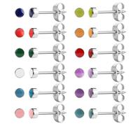 JMFENFA 12 pares de aretes con perno para perforación de orejas, juego de aretes de acero quirúrgico multicolor con piedra de nacimiento y circonita cúbica para pistolas de perforación de orejas, 3mm