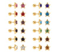 JMFENFA 12 pares de aretes con poste de acero inoxidable con parte trasera plana, con tuerca quirúrgica, redonda, en forma de estrella, corazón, flor, piedra de nacimiento, circonita cúbica, juego de