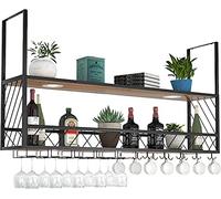 JMOZHCD Estante para vinos Colgante de 4 lámparas, Estante para Copas de Vino con Barra de Techo de Metal, Estante de Almacenamiento Industrial montado en la Pared de 2 Capas ()