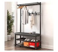 JMOZHCD Perchero para Ropa Entrada 4 En 1, Banco De Entrada De Metal con Perchero, Estantes De Almacenamiento De 2 Capas con Banco para Zapatos, 16 Ganchos para Dormitorio (Black 80 * 33 * 170cm)
