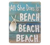 JMVLVLOA Coastal Nautical Decor Metal Sign All She Does Is Beach Vintage Funny Tin Wall-Art for House Gift for Her 8 X 12 in