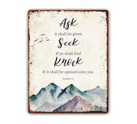 JMVLVLOA Faith Based Metal Sign Matthew 7 Ask Seek Knock Scripture Wall-Art for Home Office 8 X 12 in