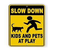 JMVLVLOA Slow Down and Pets at Play Reflective Metal Sign for Neighborhood Driveway (8 X 12 in)