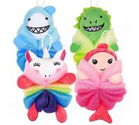 JNAWA 4 esponjas de baño de animales para niños, dibujos animados, sirena, tiburón, unicornio, bola de baño, toalla de red para exfoliar el cuerpo, esponja de calabaza, ducha, lavado exfoliante