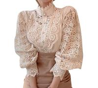 JNBFCDY Blusa de encaje para mujer, con volantes, manga 3/4, cuello alto, estilo vintage, estilo túnica, informal, con flores, retazos, con botones, holgada, albaricoque, M