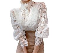 JNBFCDY Blusa de encaje para mujer, con volantes, manga 3/4, cuello alto, estilo vintage, estilo túnica, informal, con flores, retazos, con botones, holgada, blanco, S
