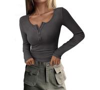 JNBFCDY Camisetas Henley de manga larga con botones para mujer, blusa básica casual con cuello redondo y cuello redondo de punto acanalado, gris oscuro, M
