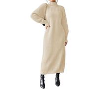 JNBFCDY Suéter de invierno para mujer, de gran tamaño, manga larga, cuello alto, vestido de punto, holgado, vestido maxi acampanado, beige, M