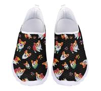 Jndtueit Mocasines de malla para caminar para mujer, cómodos tenis para exteriores, Corgi acuarela pata de perro, color negro, 41 EU
