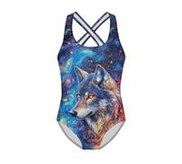 Jndtueit Traje de baño de una pieza para niñas, trajes de baño de playa, Acuarela Lobo Azul Galaxia, 9-10 Years