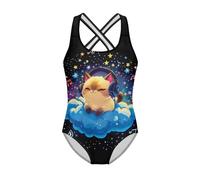 Jndtueit Traje de baño de una pieza para niños de 5 a 14 años, Cat Music Black Galaxy Star, 9-10 Years