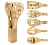 JNEYVIC Utensilios de Cocina Bambu, 5 Cucharas de Cocina de Madera y Porta, Juego Cucharas de Madera para Cocinar, Mezclar y Servir, Ideal como Regalo de Cumpleaños/Boda
