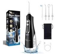 JNGOODS - Irrigador dental de agua inalámbrico, 310 ml, recargable para dientes, IPX7, impermeable, 4 modos, riego portátil con 4 puntas de chorro, uso doméstico de viaje (negro)