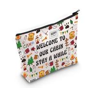 JNIAP Nature Lover Gifts - Bolsa de cosméticos con texto en inglés "Welcome To Our Cabin Stay a while", Bienvenido a nuestra bolsa de cabina