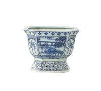 JNTFNE Macetero de porcelana floral hexagonal azul y blanco con diseño chino Jingdezhen de cerámica con agujero de drenaje, maceta de diseño chino asiático para interiores y exteriores
