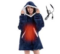 JNTFNE Manta eléctrica USB con capucha y calentamiento, con 3 niveles de calefacción, sudadera con capucha de forro polar esponjosa y cálida para adultos (azul marino, botón incorporado)