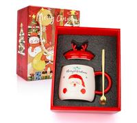 JNUYISW Tazas de Navidad Taza, Taza de cerámica de Papá Noel con Tapa Cuchara Taza de té Taza de Leche Paquete de regalo Taza de porcelana festiva decorada temática navideña, 400ml