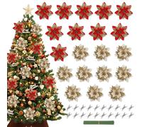 JNYUTEEN 20 Piezas Flores Navideñas de Pascua Brillantes, Artificiales con Pinzas y Tallos de 14.5 cm, Nochebuena para Decoración de Árbol de Navidad